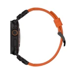KW6004 Orange FKM and titanium watch band, Black Titanium hardware color, side profile on a display watch