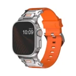KW6004 Orange FKM and titanium watch band, Natural hardware color, angled front view on a display watch