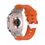 KW6004 Orange FKM and titanium watch band, Natural hardware color, rear angled view with the buckle and display watch visible