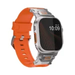 KW6004 Orange FKM and titanium watch band, Natural hardware color, front view with the buckle side visible on a display watch