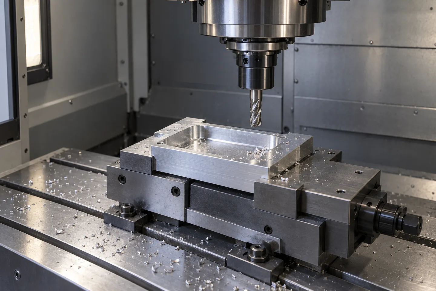 CNC 铣削设置示意：铝制型腔工件夹持在台钳中，上方为立铣刀。