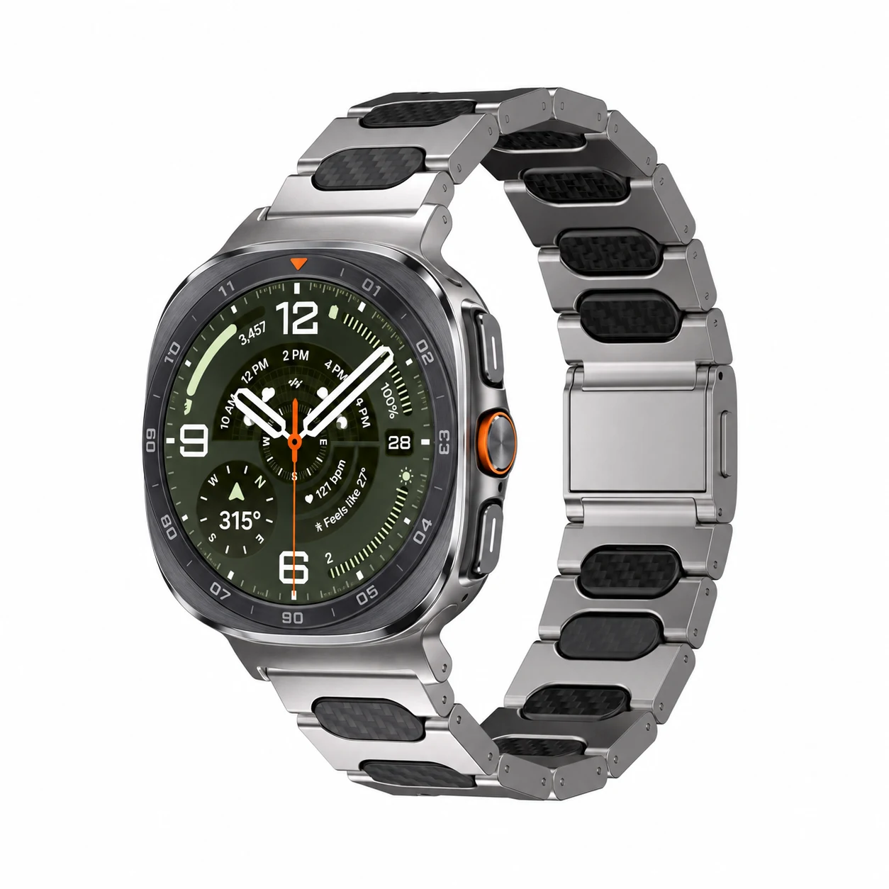 Samsung Galaxy Watch Ultra 2 concept illustration with Keepwin McLaren Titanium + Carbon Fiber band