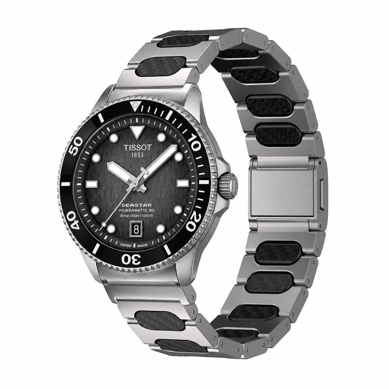 Tissot Seastar 1000 40 Powermatic 80 concept illustration with Keepwin McLaren Titanium + Carbon Fiber band